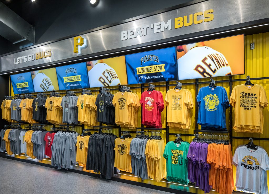 Pittsburgh Pirates colorful apparel on wall unit