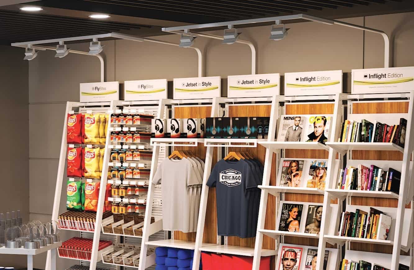 Retail store fixture with Light Bridge with LED Track lights in an airport