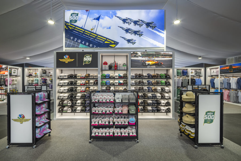 freestanding fixtures under race mural of Indianapolis 500