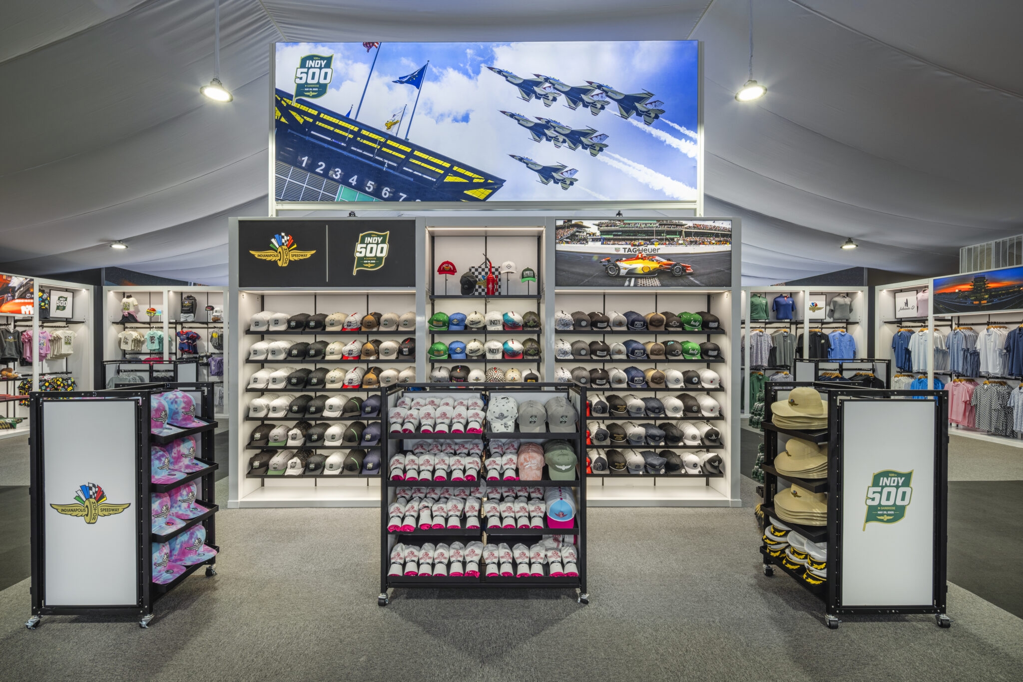freestanding fixtures under race mural of Indianapolis 500