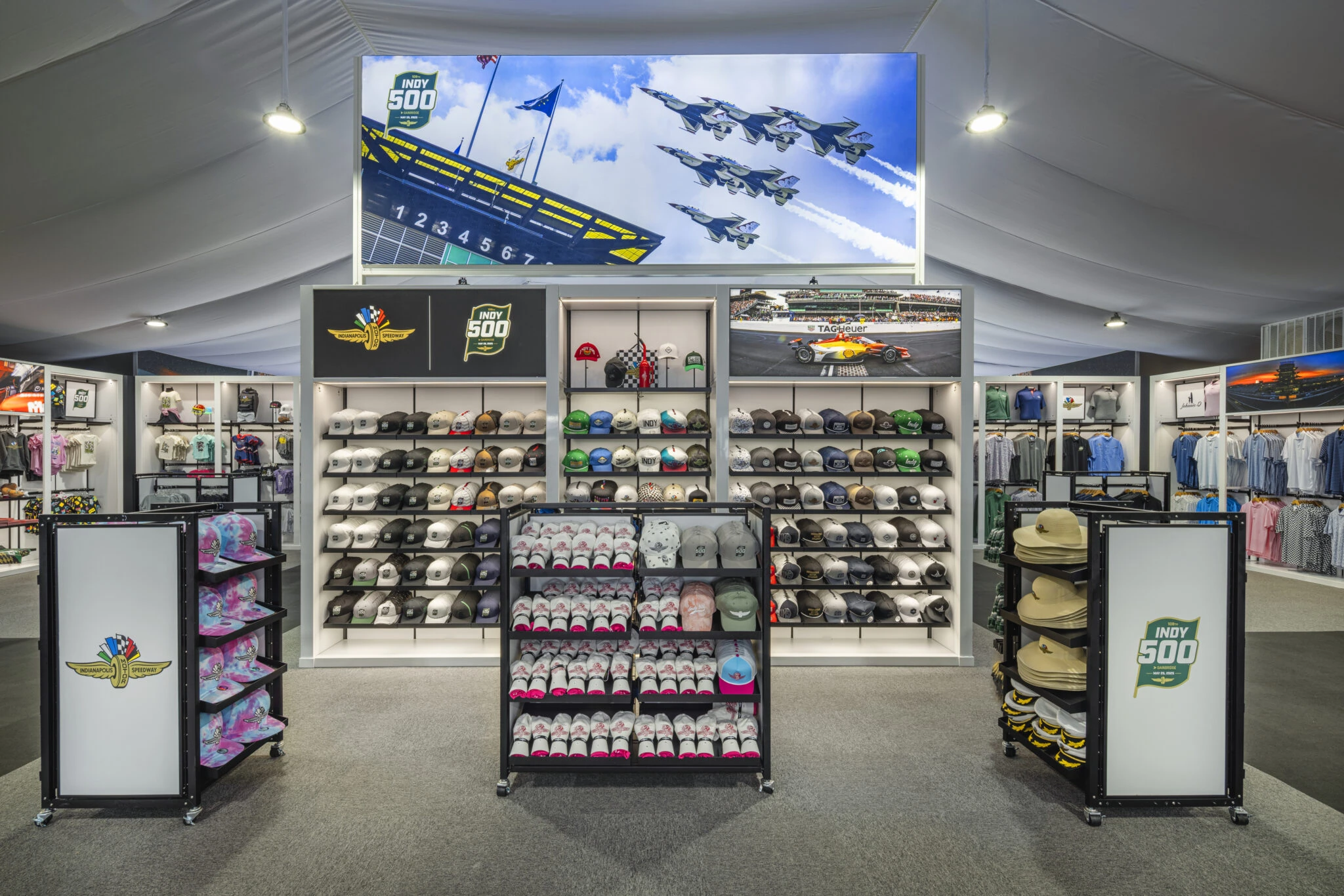 freestanding fixtures under race mural of Indianapolis 500