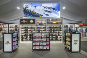 freestanding fixtures under race mural of Indianapolis 500
