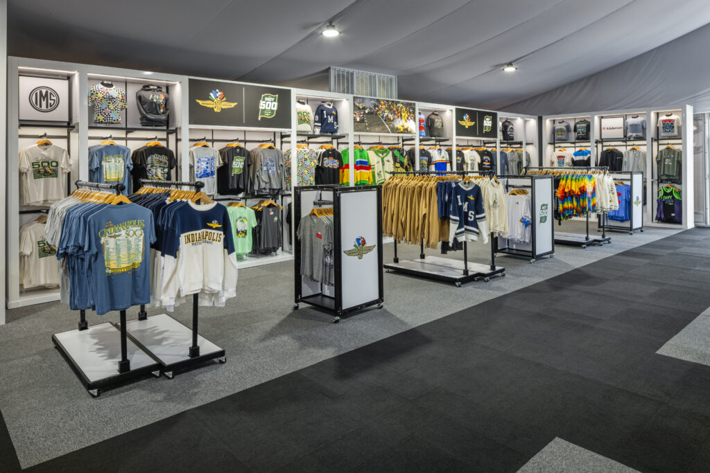 wide shot of Indianapolis 500 merchandise in tent