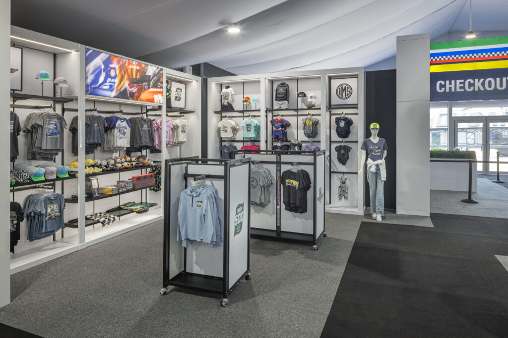 merch wall units with gondolas of Indianapolis 500 apparel