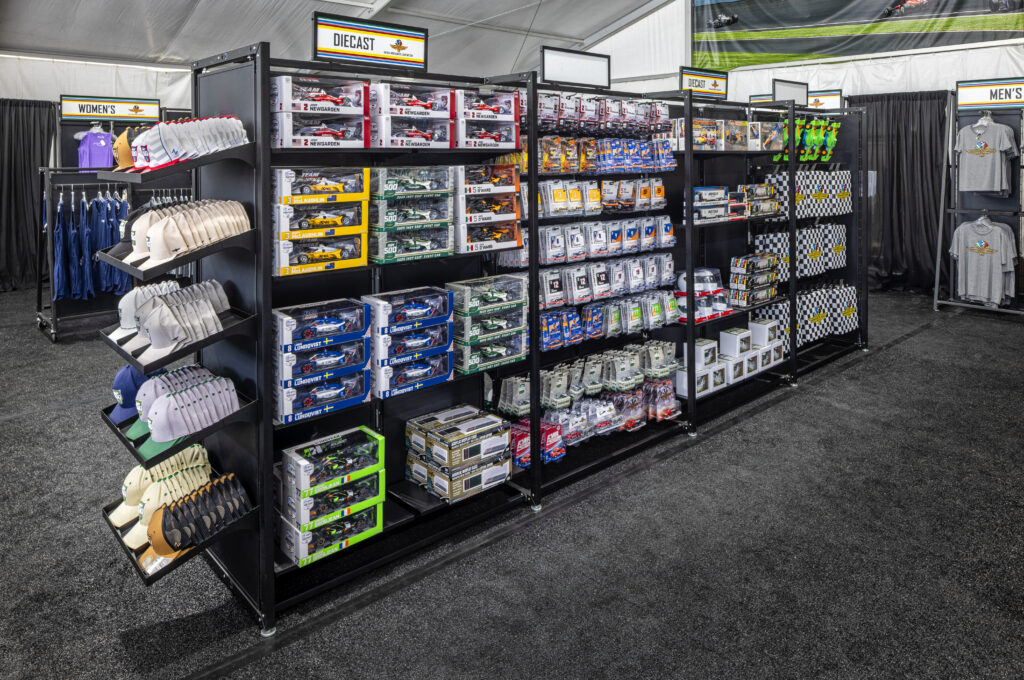 shelves with Indianapolis 500 merchandise products