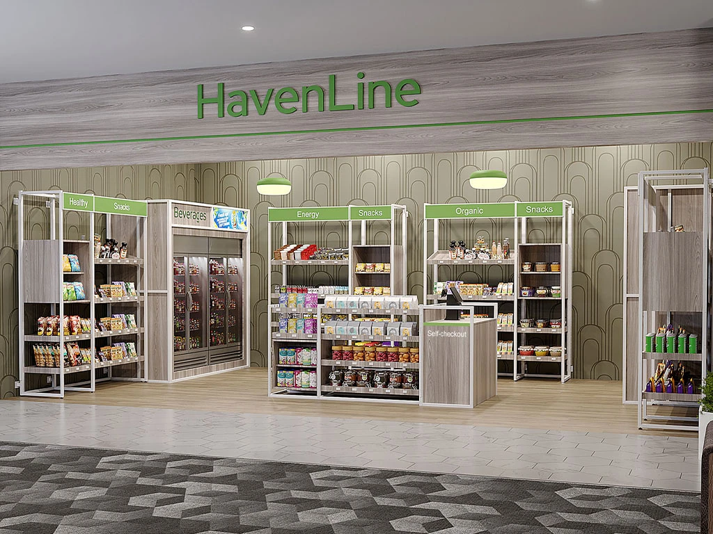 green themed health store with wall displays