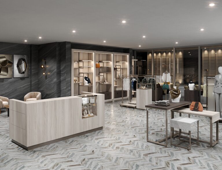 rendering of spa lobby with counter and nesting tables