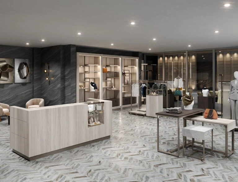 rendering of spa lobby with counter and nesting tables