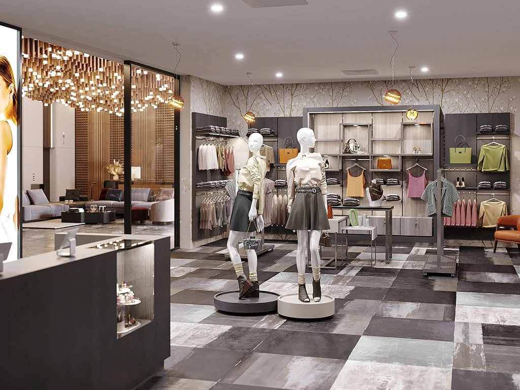 apparel store with two mannequins and counter in the middle