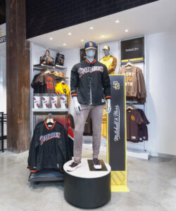 mannequin platform with racks of jackets