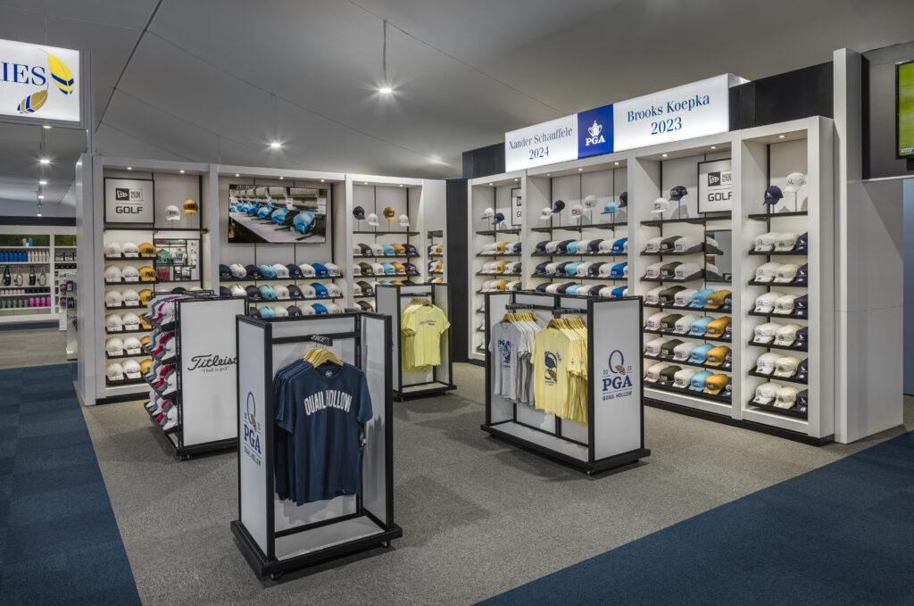 wide shot of large retail tent wall fixtures