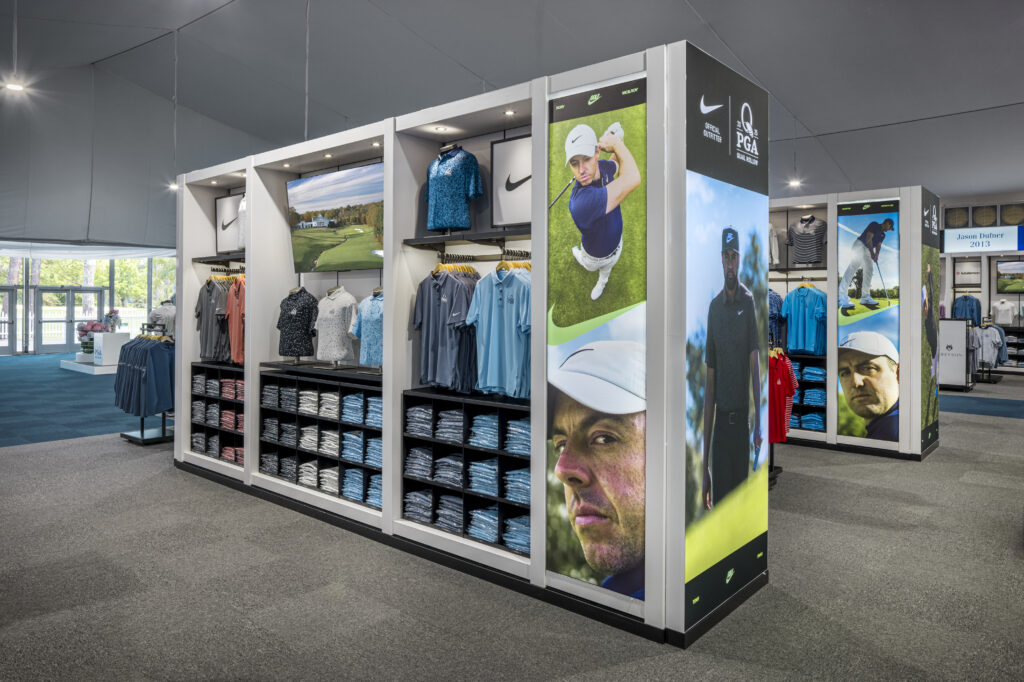 freestanding apparel fixture in large retail tent