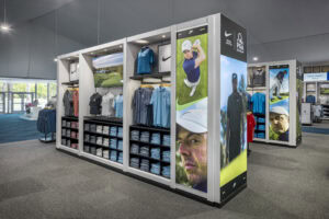 freestanding apparel fixture in large retail tent