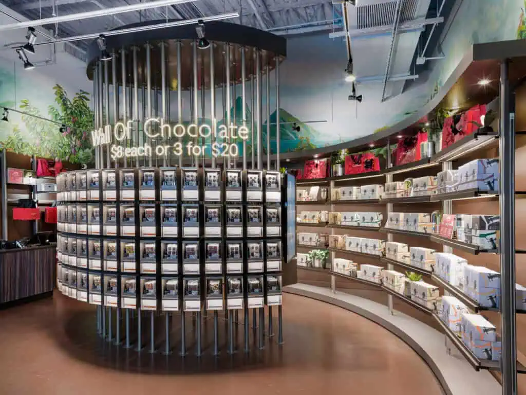 hotel chocolat curved wall featuring products