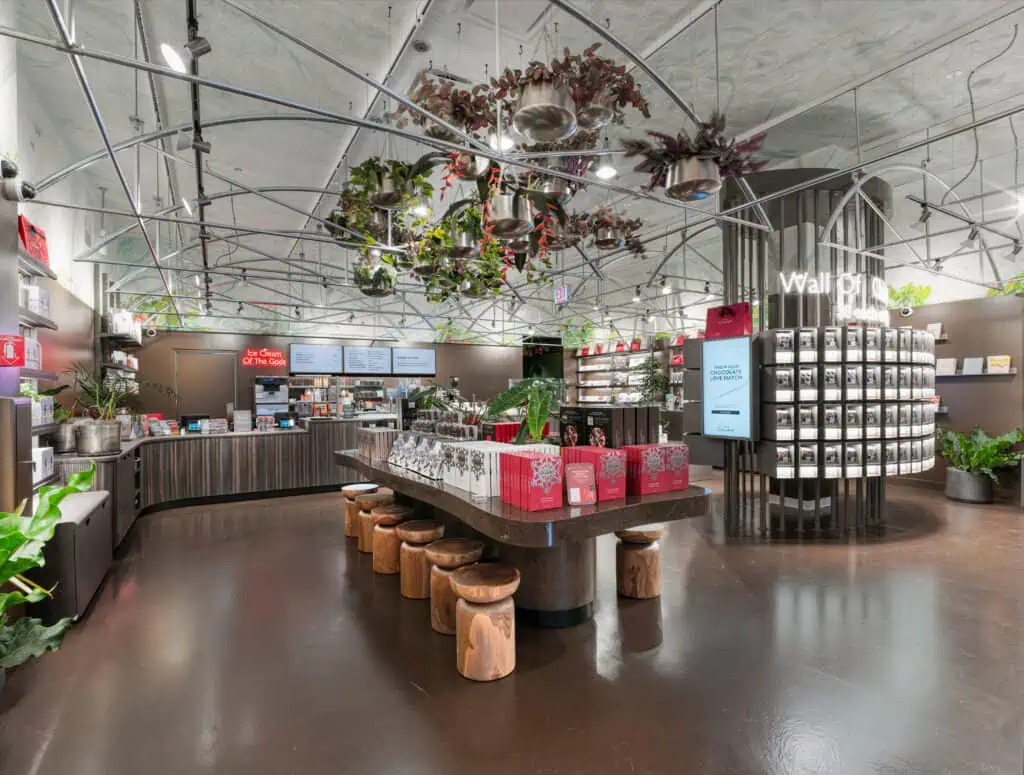 Wide view of table with hotel chocolat merchandise