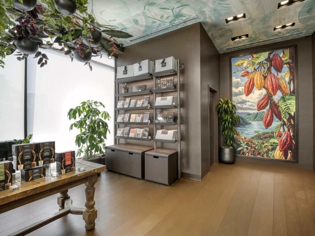 wide shot of wall fixture and cocoa bean mural