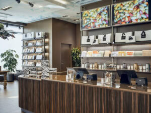 front register counter in hotel chocolat showroom