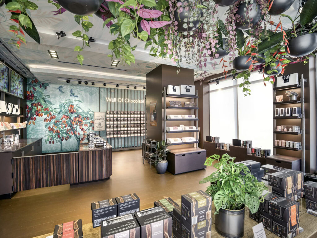 Wide shot of hotel chocolat showroom bordered by foliage
