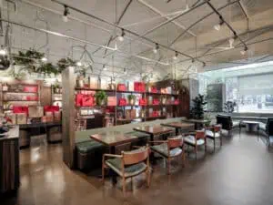 Hotel Chocolat seating area with benches and chairs