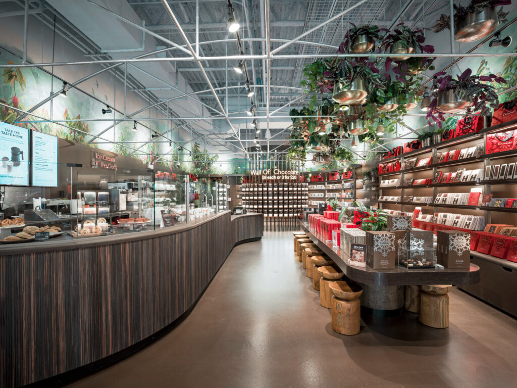 full chocolat cafe with curved counters and features
