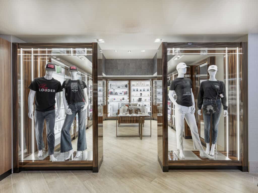 Glass display cases with mannequins