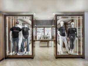 Glass display cases with mannequins