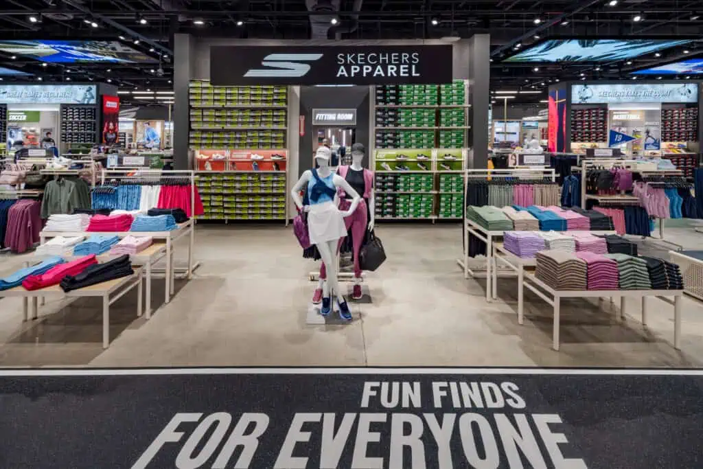 wall shelving and floor fixtures in colorful shoe store