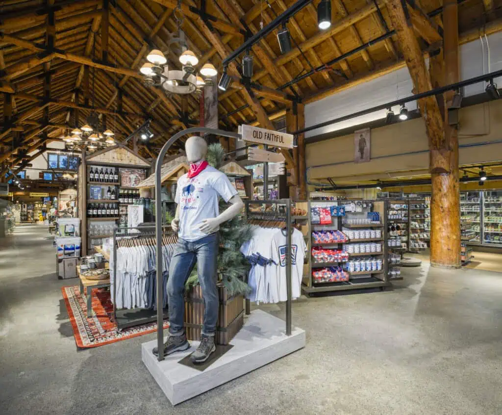 Yellowstone gift shop outdoors log cabin showroom wide shot