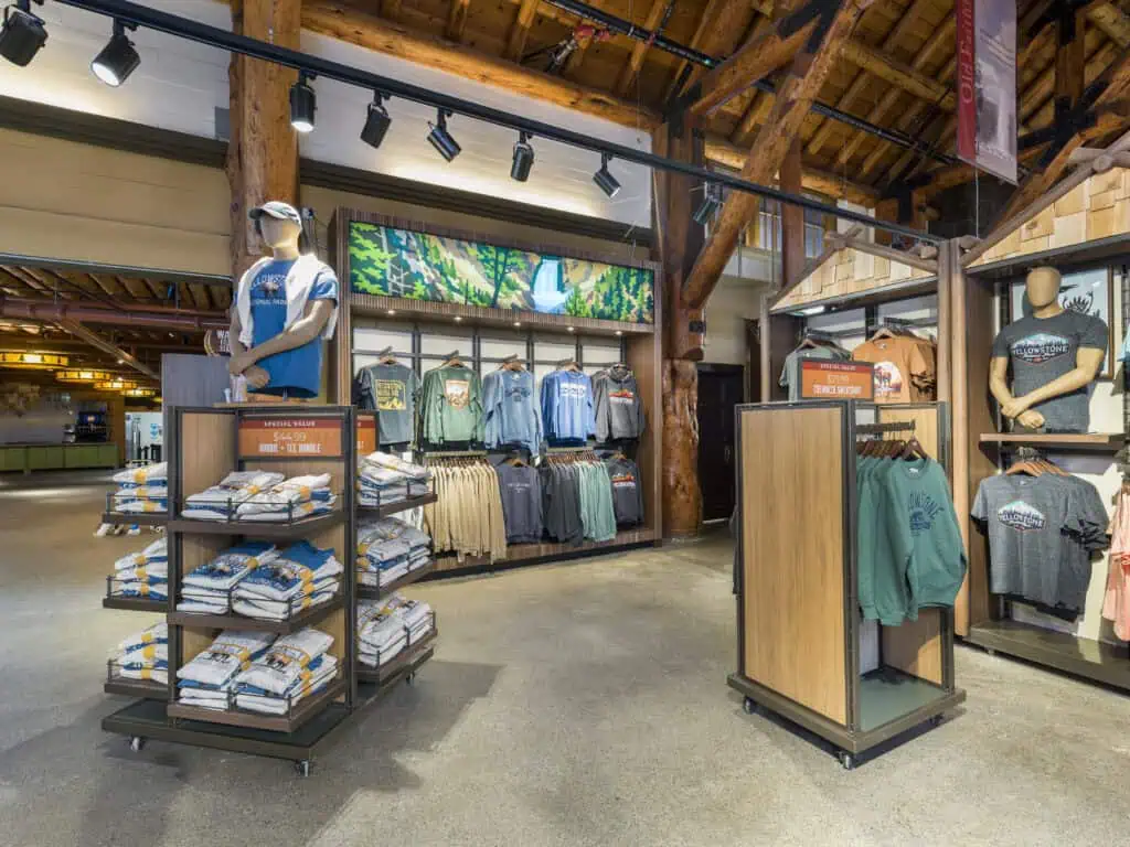 Floor and wall fixtures in log cabin themed store