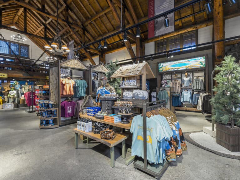 Floor fixtures log cabin retail store