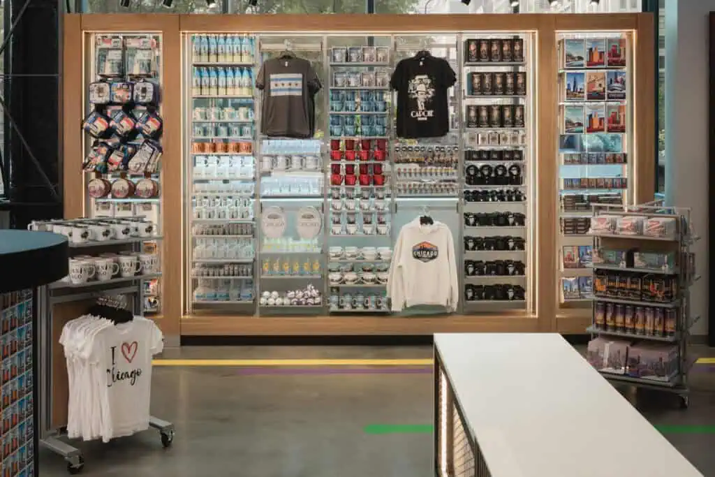 Wall fixture with chicago merch in front of large window
