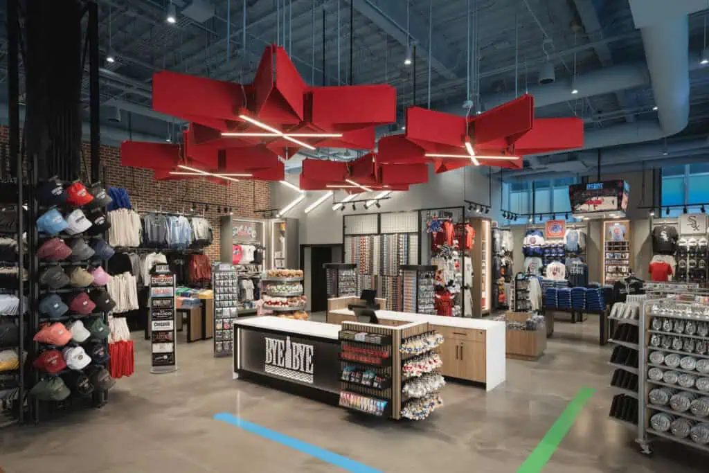 Wide shot of chicago merch with red ceiling features