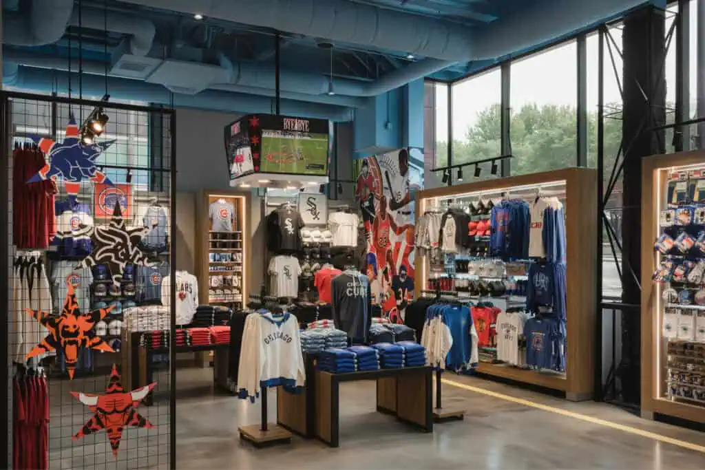 Lighted floor fixtures showing chicago branded merch